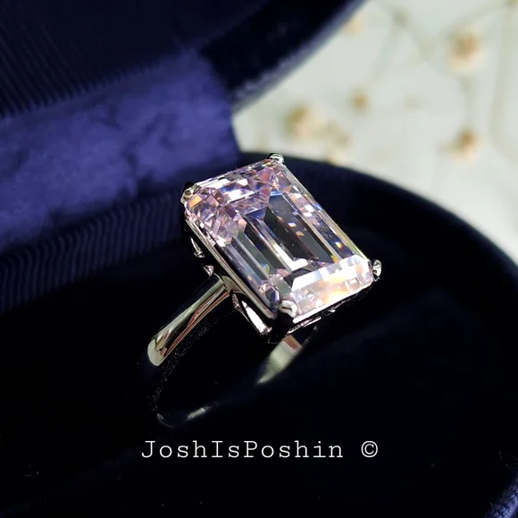 7CT Emerald cut pink diamond solitaire ring in sterling silver